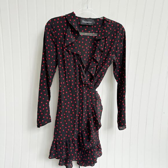 Réalisation Par Alexandra Black Silk Wrap Mini Dress Ruffle Hem Medium Polka Dot - Picture 6 of 12